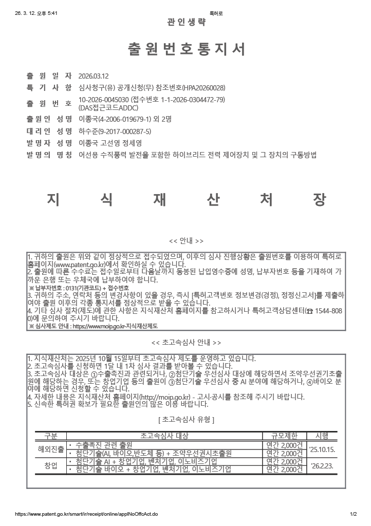 관인생략 출원번호통지서 
                        출원일자: 2026년 03월 12일 
                        특기사항: 심사청구(유) 공개신청(무) 참조번호(HPA20260028) 
                        출원번호: 10-2026-0045030 (접수번호 1-1-2026-0304472-79)(DAS접근코드ADDC) 
                        출원인 성명: 이종국(4-2006-019679-1) 외 2명 
                        대리인 성명: 하수준(9-2017-000287-5) 
                        발명자 성명: 이종국 고선영 정세영 
                        발명의 명칭: 어선용 수직풍력 발전을 포함한 하이브리드 전력 제어장치 및 그 장치의 구동방법 
                        지식재산처장